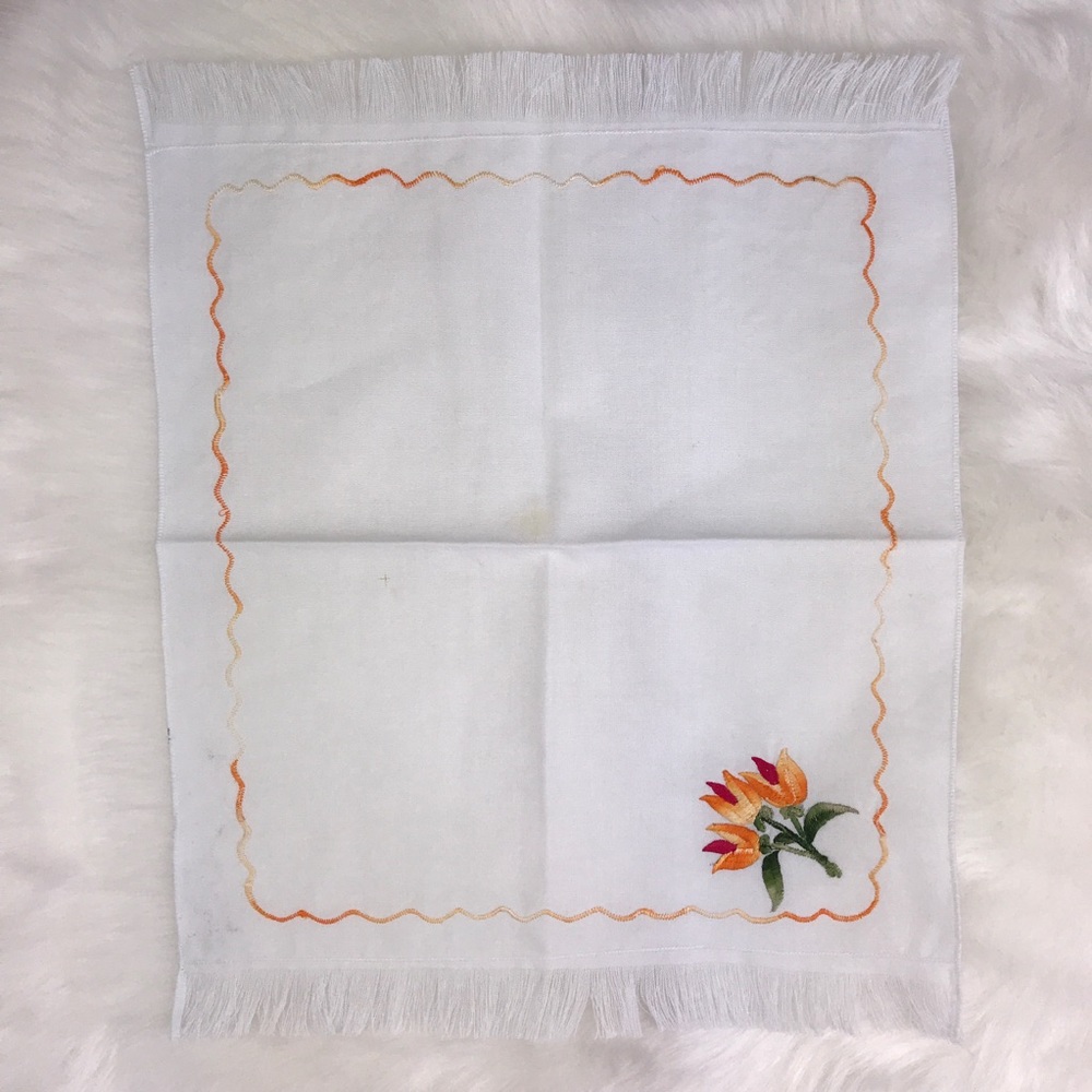 Embroidered Golden Tulips Flowers Fringe Handkerchief Vintage Style Floral - Picture 3 of 16